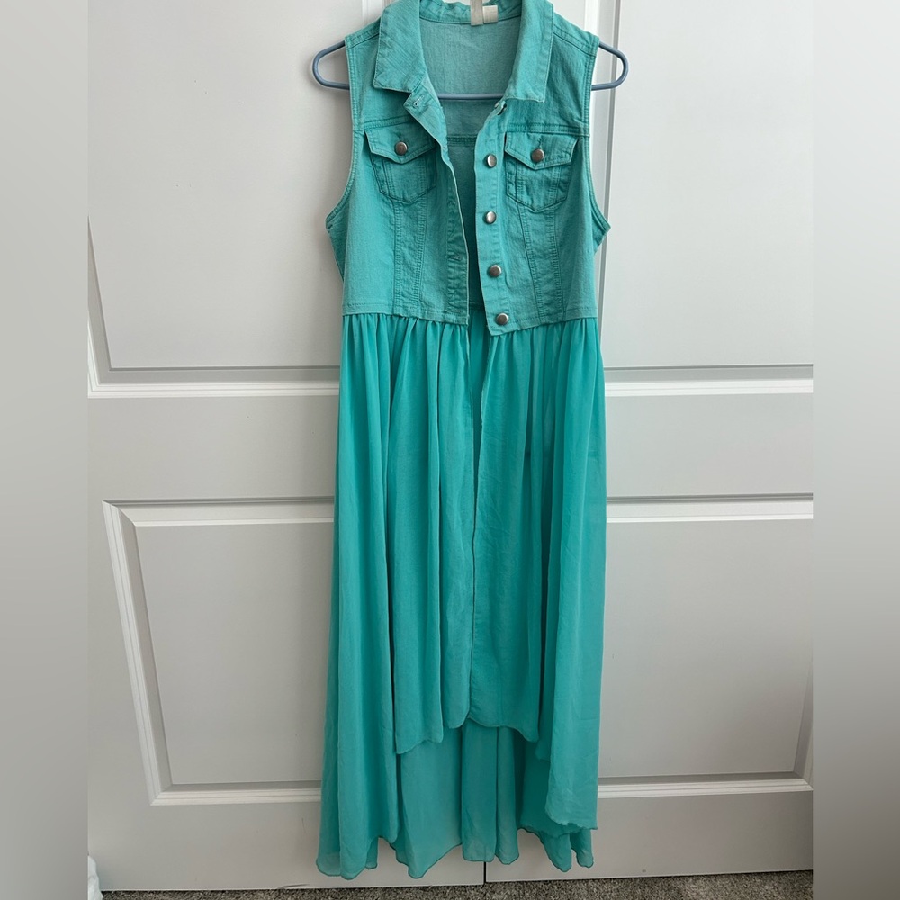 Forever 21 Teal Denim Country Vest Maxi Dress